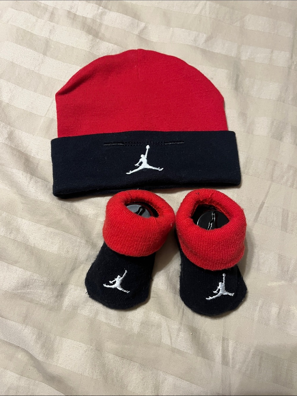 Jordan Red and Black Baby Beanie with Matching Booties